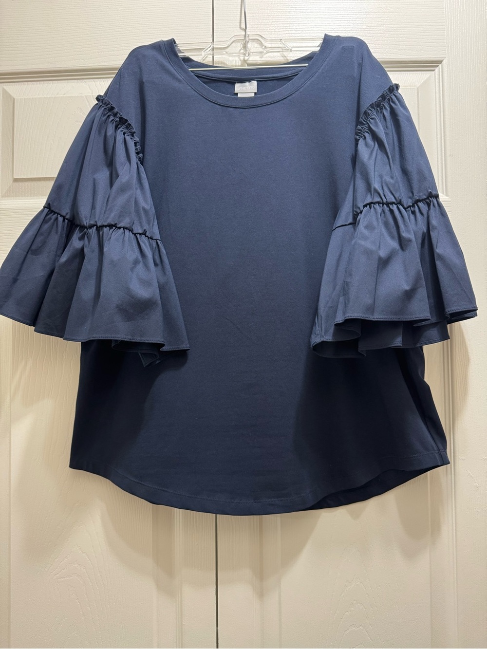 Chico's Navy Ruffled Bell Sleeve Top